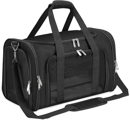 Soft-Sided Cat/Dog/Pet Carrier, Collapsible Pets Travel Carriers for Big Cats/Small Dogs with Shoulder Strap & Removable Mat, Mesh Puppy Carry Bag, Up to 16 Lbs, TSA Airline Approved(Black)