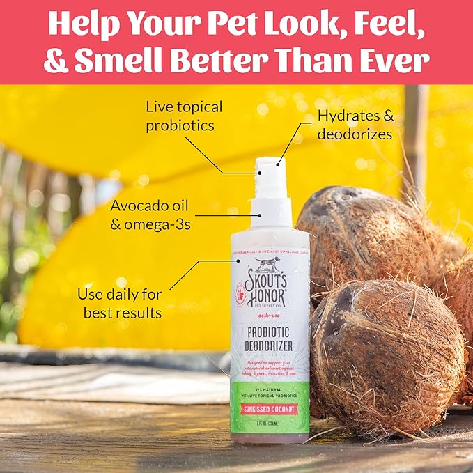 SKOUT'S HONOR Pet Deodorizer Spray- Hydrating Daily-Use with Avocado Oil & Omega-3s, Microbiome Friendly Certiified, Paraben & Sulfate-Free, 97% Natural, 8oz, Sunkissed Coconut, 2-Pack