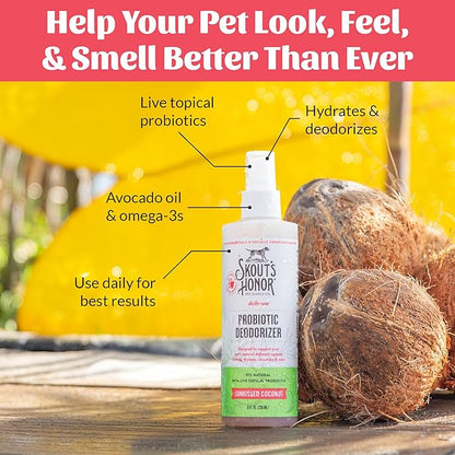 SKOUT'S HONOR Pet Deodorizer Spray- Hydrating Daily-Use with Avocado Oil & Omega-3s, Microbiome Friendly Certiified, Paraben & Sulfate-Free, 97% Natural, 8oz, Sunkissed Coconut