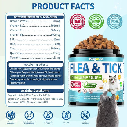 Natural Cat Flea Treatment Chewables – 500 Crunchy & Creamy Tasty Chews, Flea and Tick Prevention for Cats with Skin & Coat Support, Oral Flea & Tick Supplement & Allergy Relief for Cats, Chicken