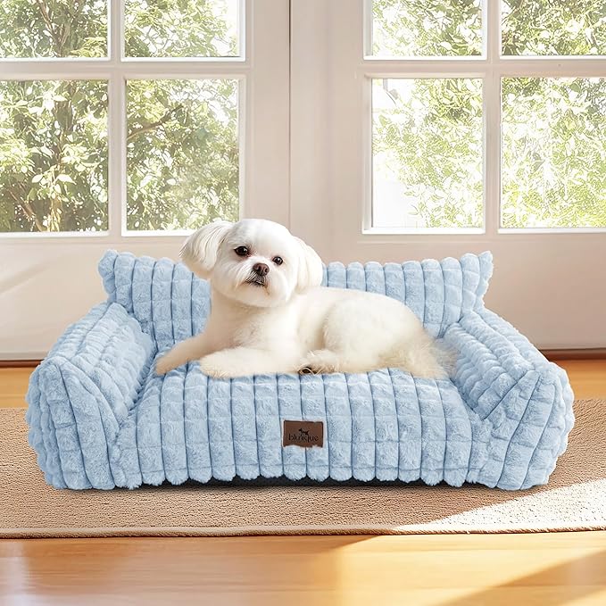 Cute Small Dog Couch Bed – Supportive & Fluffy Pet Sofa with Faux Rabbit Fur Washable Cover in 3D Diamond Pattern, 30" Light Blue