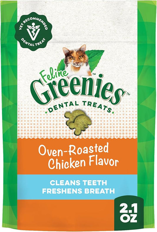 Greenies Feline Veterinarian-Recommended Adult Natural Dental Cat Treats, Oven Roasted Chicken Flavor, 2.1 oz. Pouch