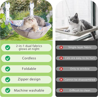 Cat Window Perch, Glow in The Dark Foldable Cat Hammock with Sunken Design & Removable Soft Cover, Breathable Cordless Window Bed for Resting Indoor Kitten (Grey Deep Perch, Medium)