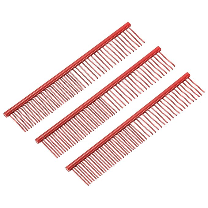 Dog Cat Comb, Pet Combs Stainless Steel Teeth with Rounded Ends for Knots Mats Loose Hair Removal, 6.5IN (Red Coated, 3 Pack), Grooming Tool Intended for Long Curly Hair Pet