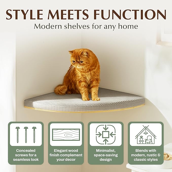 Extra Large 31.5" x 20" CALLICO HAVEN- Corner Cat Wall Shelf, Modern Wall Cat Bed, Corner Wall Hammock for Cats, Space-Saving Wall Cat Tree Bed, Sturdy/Hidden Mounts, Washable Cover- Fan Shape