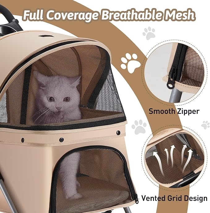 Pet Stroller, 4 Wheels Pet Strolling Cart for Medium/Small Dogs and Cats, Foldable Cat Jogger/Dog Stroller with Cup Holder, Storage Basket, Breathable Mesh, All-Season Pet Carrier, Khaki