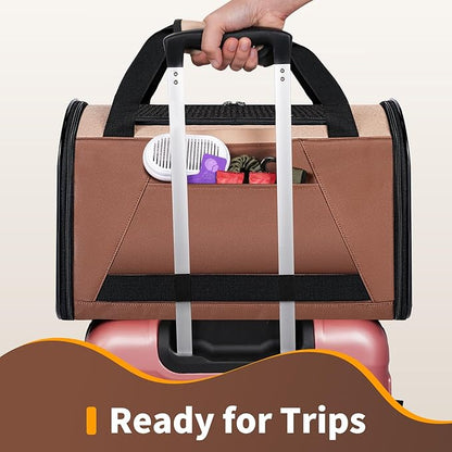Collapsible Small Pet Carrier for Cat 15 lbs with Fashion Pocket, Lightweight Sturdy Travel Carry Bag Little Puppy Dog, Breathable Stylish Kitten Soft Cage Kennel, 17.7x11.0x11.8 Inch Khaki