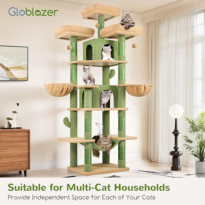 Globlazer Big Cactus Cat Tower for Indoor Cats, 80inch Cat Tower for Multiple Adult Cats XXL Cat Tree with Scratching Post, Hammock, 3 Perches, 2 Condos, 2 Hanging Basket, F80, Green