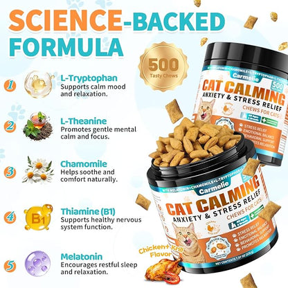 Cat Calming Treats, 500 Crunchy & Creamy Calming Cat Treats with Melatonin, Chamomile for Cats Stress and Anxiety Relief - Travel, Boarding, Vet Visits, Separation Anxiety, Chicken and Krill Flavored