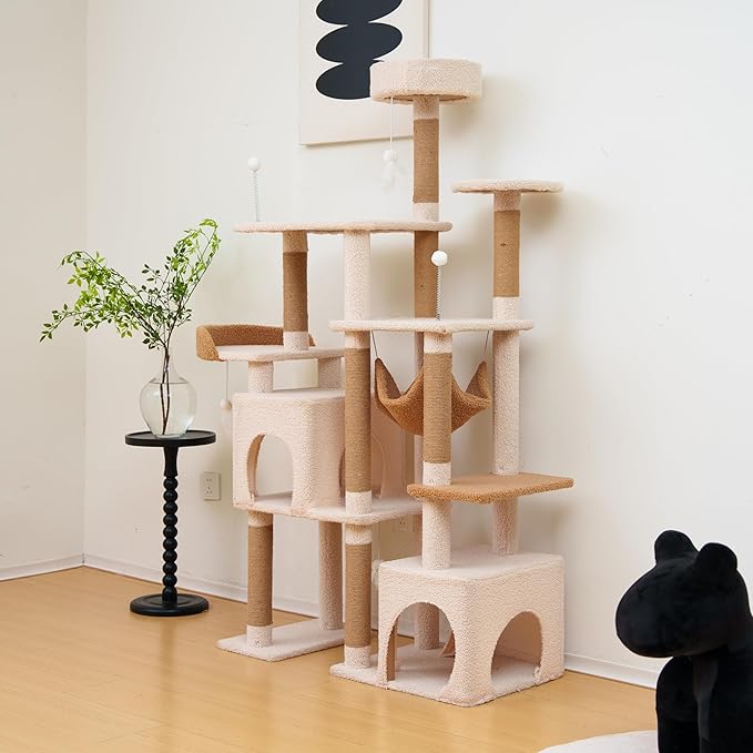 Cat Tree 67in Cat Tower Scratching Post for Cats Tree Tower Furniture for Cats Plush Multi-Level Cat Condo (Beige)