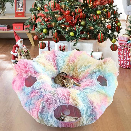 Cat Tunnel Bed, Collapsible Cat Tunnel with Washable Cushion,3-in-1 Multi-Functional Play Tunnel with Peek Holes & Ears, Indoor Playhouse for Cats Kittens Rabbits Small Dogs,Gift for Pet