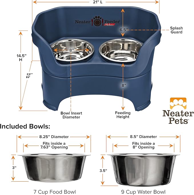Neater Pet Brands Neater Feeder Deluxe Mess Proof Dog Bowls Elevated for Large Dogs Over 40 lbs, Made in USA, No Spill Raised Dog Food Bowl Stand Feeding Station, Food and Water Bowl Set, Dark Blue