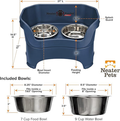 Neater Pet Brands Neater Feeder Deluxe Mess Proof Dog Bowls Elevated for Large Dogs Over 40 lbs, Made in USA, No Spill Raised Dog Food Bowl Stand Feeding Station, Food and Water Bowl Set, Dark Blue