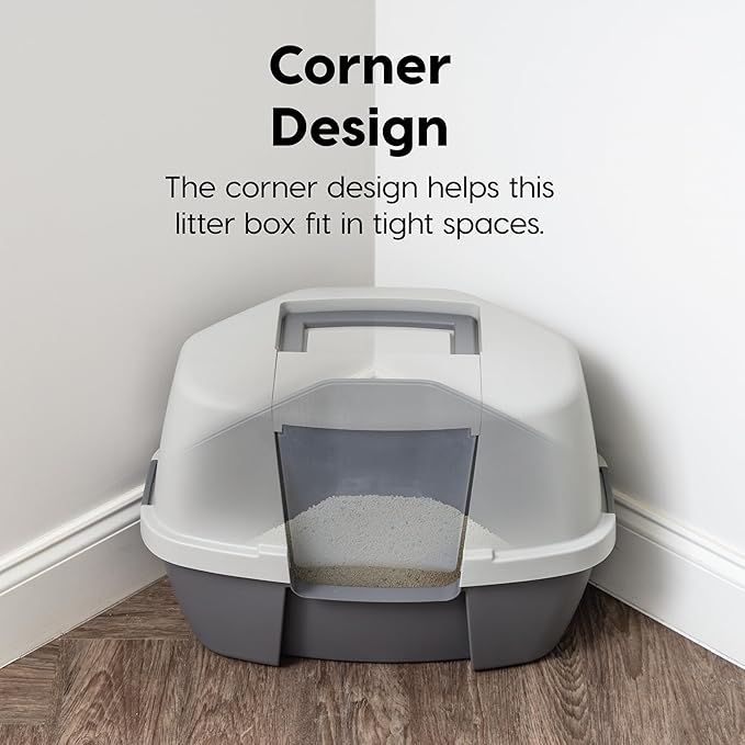 IRIS USA Corner Cat Litter Box Enclosure with Scoop, Small Cat Litter Box with Lid, Corner Litter Box Enclosure for Kittens to Medium Sized Cats, Odor Defensive Hooded Litter Tray, Dark Gray