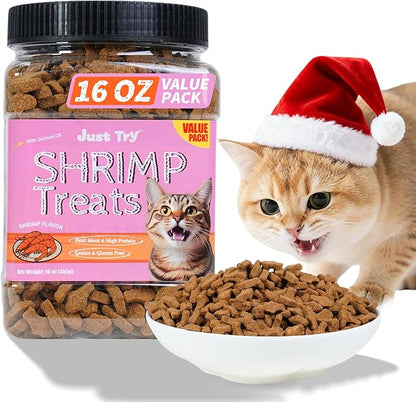 Just Try 16 OZ Shrimp Cat Treats - Grain Free, Crunchy Cat Snacks with Real Shrimp & Krill Oil for Cats, Omega-3 for Skin & Coat, Training Treats