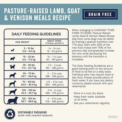Canidae Pure Farm to Bowl Pasture-Raised Lamb with Goat & Venison Meals, Adult, Grain-Free Dry Dog Food, 12lb