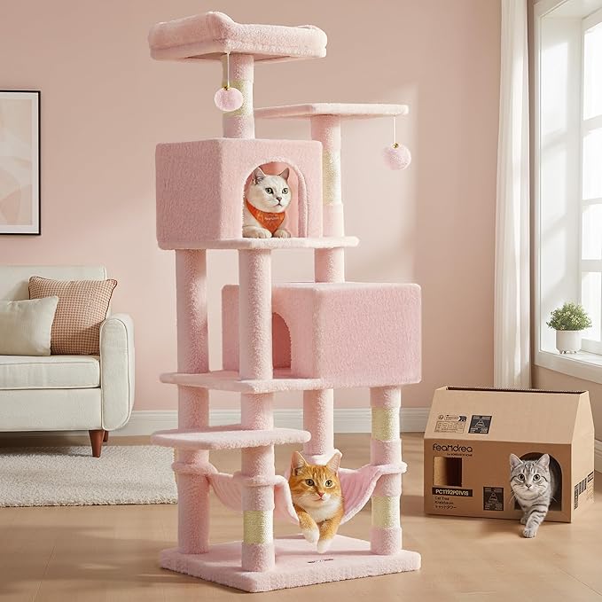 Feandrea Cat Tree, 61-Inch Cat Tower for Indoor Cats, Plush Multi-Level Cat Condo with 5 Scratching Posts, 2 Perches, 2 Caves, Hammock, 2 Pompoms, Jelly Pink UPCT192P01