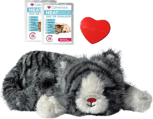 Plush Heartbeat Toys - Calming Separation Anxiety Relief Toys for Puppies and Kittens - Heartbeat Simulator in a Soft Comforting Pillow Pet Plush for Dogs and Cats (Grey Stripe)