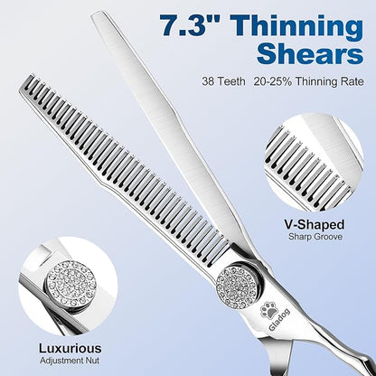 GLADOG Luxury Dog Grooming Scissors Set - 7" Straight, 6.5" Thinning, 7" Curved Dog Shears for Grooming - 9CR Steel, Professional Grooming Kit for Dogs
