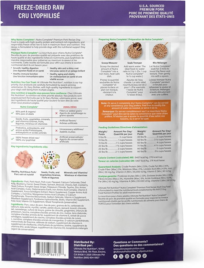 ULTIMATE PET NUTRITION Nutra Complete, 100% Freeze Dried Veterinarian Formulated Raw Dog Food with Antioxidants Prebiotics and Amino Acids, (1 Pound, Pork)