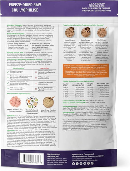 ULTIMATE PET NUTRITION Nutra Complete, 100% Freeze Dried Veterinarian Formulated Raw Dog Food with Antioxidants Prebiotics and Amino Acids, (1 Pound, Pork)