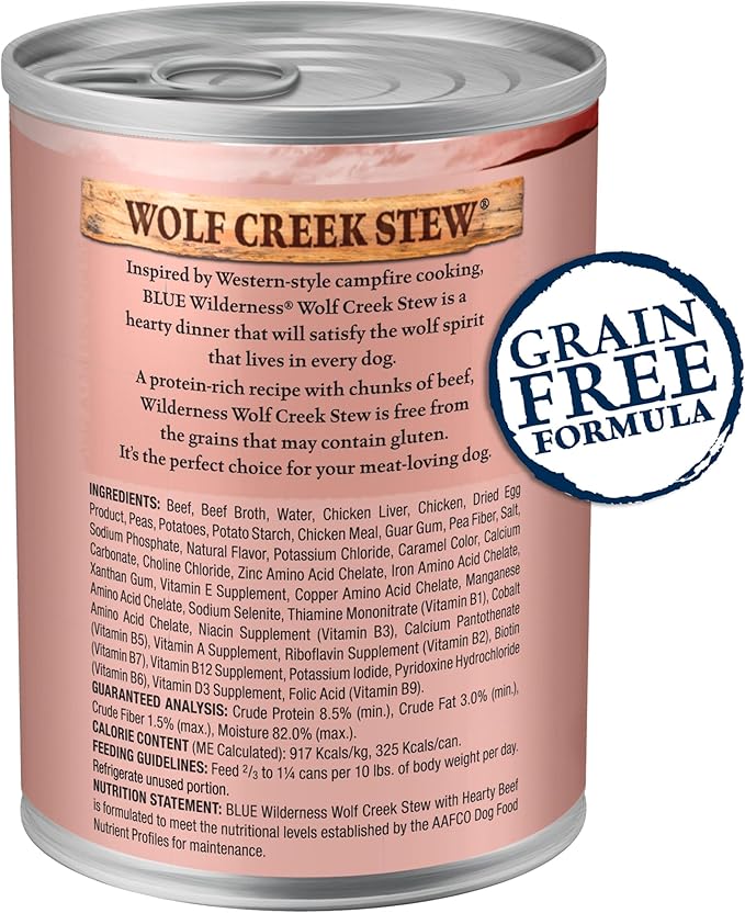 Blue Buffalo Wilderness Wolf Creek Stew Wet Dog Food, High-Protein & Grain-Free, Made with Natural Ingredients, Hearty Beef in Gravy, 12.5-oz. Cans (12 Count)