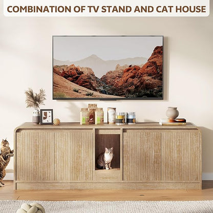 Cat Litter Box Enclosure with Litter Collector, 59'' Double Litter Box Enclosure for 2 Cats, Hidden Litter Box Furniture for Indoor Cats Large Adult, Cat House, Side Table, TV Stand, Natural