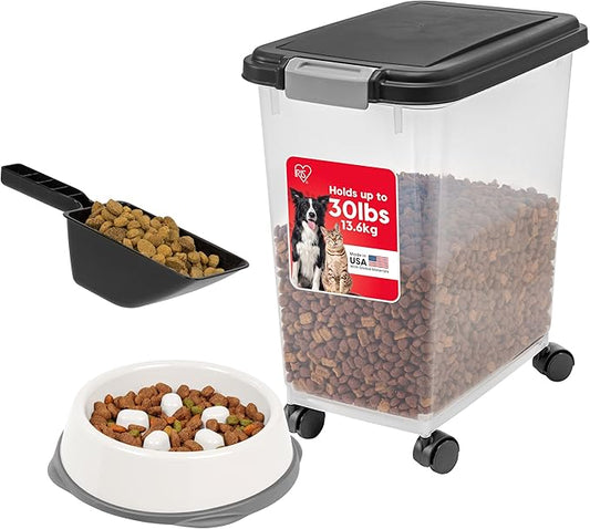IRIS USA Airtight Dog Food Storage Container with 2-Cup Scoop and Slow Feeder Bowl Combo, Up to 30 lbs Pet Food Bin with Attachable Wheels, Anti-Slip Short Snouted Bowl, Easy to Clean, BPA Free, Black