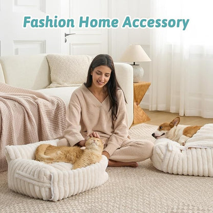 Cute Cat Bed with Removable Cover, Multifunctional Plush Faux Fur Pet Couch Bed with Blanket, Ultra-Soft Pet Furniture for Cats & Small Dogs (Cream, S: 25''x18'')