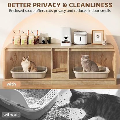 Cat Litter Box Enclosure with Litter Collector, 59'' Double Litter Box Enclosure for 2 Cats, Hidden Litter Box Furniture for Indoor Cats Large Adult, Cat House, Side Table, TV Stand, Natural