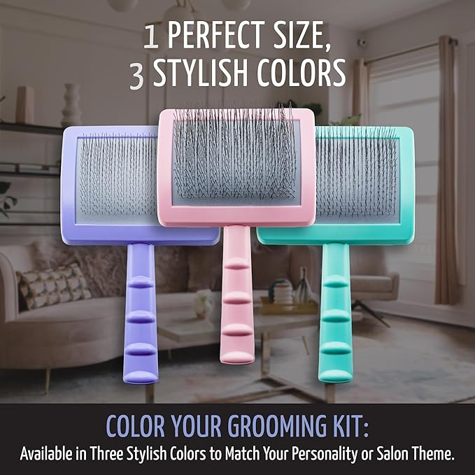 Tauro Pro Line Plastic Long & Short Hair Slicker Dog Brush for Deshedding & Detangling - Purple Slicker Brush for Dog & Cat Grooming - 0.43″ Pins, Flexible Cushion & Non-Slip Grip