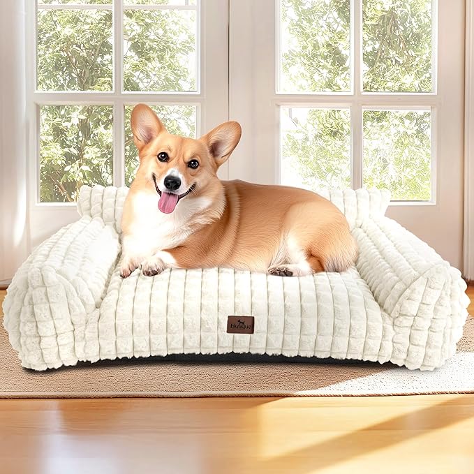 Cute Dog Couch Bed for Small Medium Dogs Cats- Supportive & Fluffy Faux Rabbit Fur Pet Beds, Washable Furry Puppy Beds with Removable Zipper Cover, 37x27x10 inches, Off White
