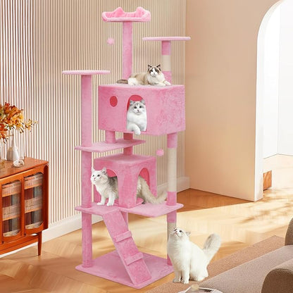 MoNiBloom 77 Inch Cat Tree Tower for Indoor Cats Large Adults, Tall Cat Tower with Scratching Post, Multi-Level Furniture Activity Center with Cat Condo Pet Play House, Soft Pink