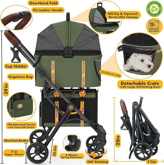 PAWZIDEA Double Pet Stroller with 2 Detachable Carriers, Portable Dog Crate for Car Travel & TSA-Approved Expandable Cat Carrier, Foldable Lightweight Jogger Stroller for 2–4 Cats or Small/Medium Dogs