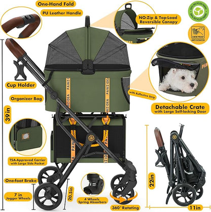 PAWZIDEA Double Pet Stroller with 2 Detachable Carriers, Portable Dog Crate for Car Travel & TSA-Approved Expandable Cat Carrier, Foldable Lightweight Jogger Stroller for 2–4 Cats or Small/Medium Dogs