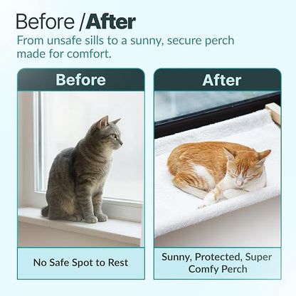 Cat Cuddles Adjustable Wooden Cat Window Perch - Sill-Mounted Cat Hammock Bed & Sturdy Window Seat for Large & Indoor Cats - Tool-Free Install, Washable Cushion