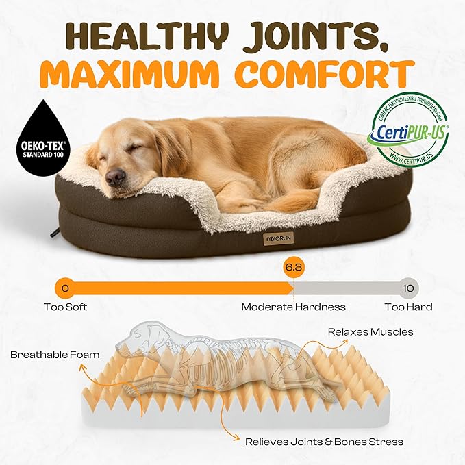 Fluffy Orthopedic Dog Bed for Medium & Large Dogs, Calming Plush Sofa Bed with Curved Bolster Support and Egg-Crate Foam Base, 43" Cozy Oval Pet Donut Bed with Washable Cover, Coffee