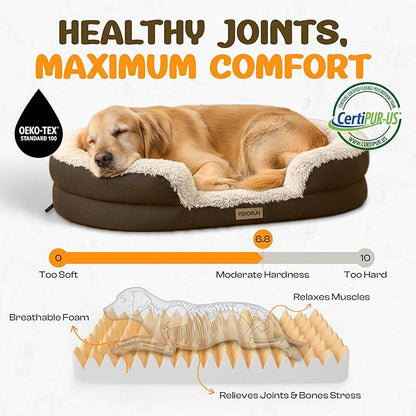 Fluffy Orthopedic Dog Bed for Medium & Large Dogs, Calming Plush Sofa Bed with Curved Bolster Support and Egg-Crate Foam Base, 43" Cozy Oval Pet Donut Bed with Washable Cover, Coffee