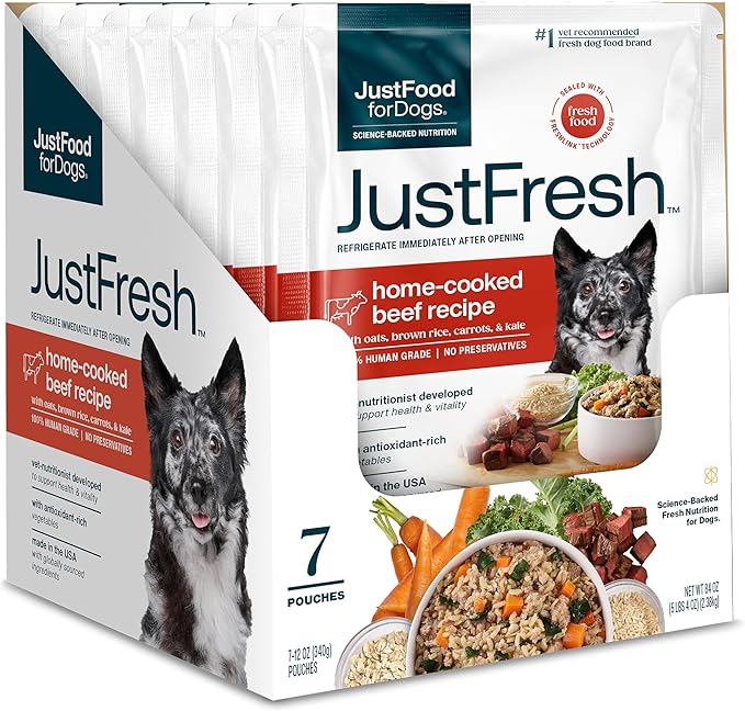 JustFoodForDogs JustFresh Wet Dog Food, Fresh Pet Meals and Toppers with No Preservatives, Resealable Package, Human Grade, Home-Cooked Beef, 12 oz - 7 Pack