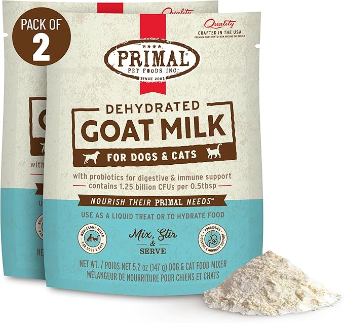 Primal Goat Milk Powder for Dogs and Cats, Shelf Stable Food Topper with Probiotics for Digestion, Hydration, and Immune Support, Original Recipe 5.2oz Pouch (Pack of 2)