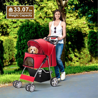 Azaeahom Pet Stroller, 4 Wheels Pet Strolling Cart for Medium/Small Dogs and Cats, Foldable Cat Jogger/Dog Stroller with Cup Holder, Storage Basket, Breathable Mesh, All-Season Pet Carrier, Red