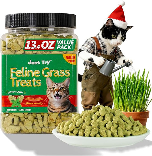 Just Try 13.4 OZ Cat Treats for Indoor Cats Hairball Control Natural Salmon Healthy Cat Grass Treats Kitten Snacks Training Biscuits Catnip for Cats Dental Care
