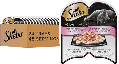 Sheba Perfect Portions Bistro Adult Wet Cat Food, Salmon in Creamy Sauce Entree, 2.6 oz. Twin-Pack Trays (24 Count, 48 Servings)