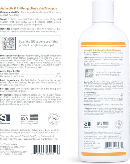 Veterinary Formula Clinical Care Antiseptic and Antifungal Medicated Shampoo for Dogs & Cats, 16 Fl Oz – Helps Alleviate Scaly, Greasy, red Skin – Paraben, Dye, Soap-Free (2 Pack)