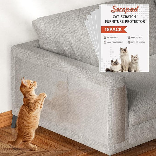 Secopad 18 PCS Large Cat Scratch Furniture Protector, Transparent Couch Protector from Cat Claws, Single-Sided Self Adhesive Anti Pet Deterrent Sofa Cover, 14IN
