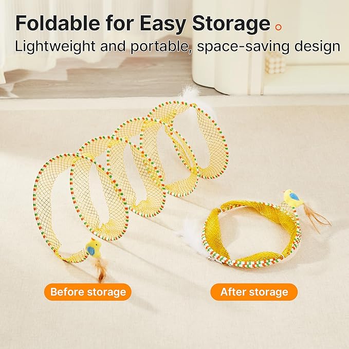 Potaroma Spiral Tunnel Cat Toy, Self Play Cat Play Spiral Kitten Collapsible Spring Tunnel Toy for Indoor Cats with Feather and Bell, 20 Inches Unfolded