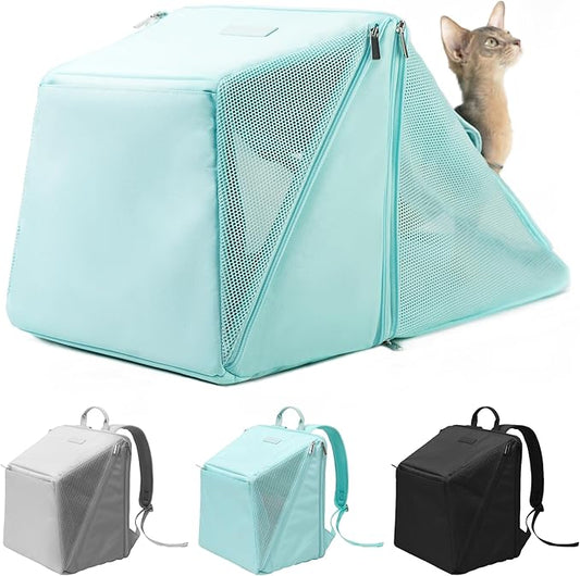 Expandable Cat Backpack Carrier Pet Soft-Sided Mesh Backpack Carrier for Cats Small Dogs Dual-Layer Ventilated Privacy Cat Backpack for Travel Outdoor Camping (Mint Green)