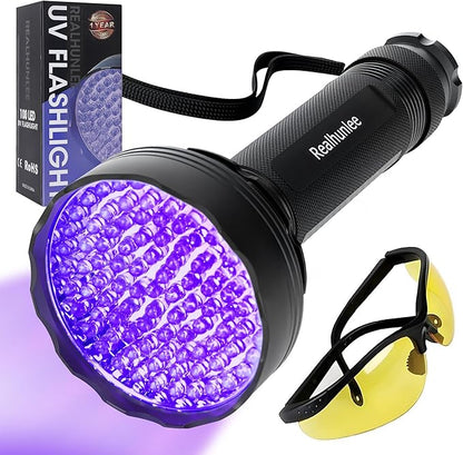 UV Flashlight Black Light, Ultra Bright 100 LED 395 nM Ultraviolet Blacklight Detector with UV Protective Glasses for Dry Pet Dog Cat Urine Stains, Bed Bug, Scorpions Matching with Pet Odor Eliminator
