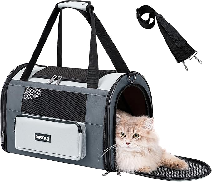 Collapsible Small Pet Carrier for Cat 15 lbs with Fashion Pocket, Lightweight Sturdy Travel Carry Bag Little Puppy Dog, Breathable Stylish Kitten Soft Cage Kennel, 17.7x11.0x11.8 Inch Grey