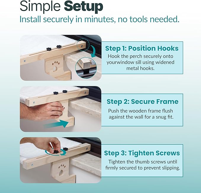 Cat Cuddles Adjustable Wooden Cat Window Perch - Sill-Mounted Cat Hammock Bed & Sturdy Window Seat for Large & Indoor Cats - Tool-Free Install, Washable Cushion